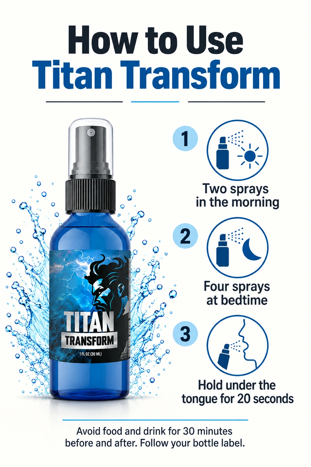 Titan Transform spray directions: two in the morning, four at bedtime, hold under the tongue for 20 seconds