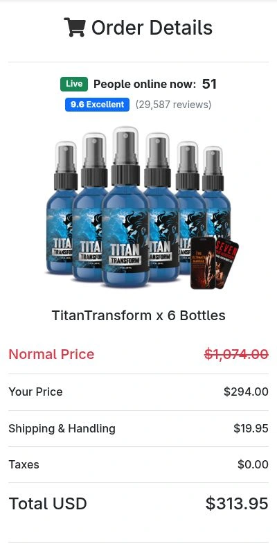 BuyGoods order example: six Titan Transform bottles, $294 product subtotal, $19.95 shipping, $313.95 total