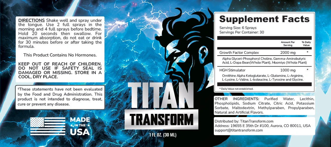 Titan Transform Supplement Facts and directions panel